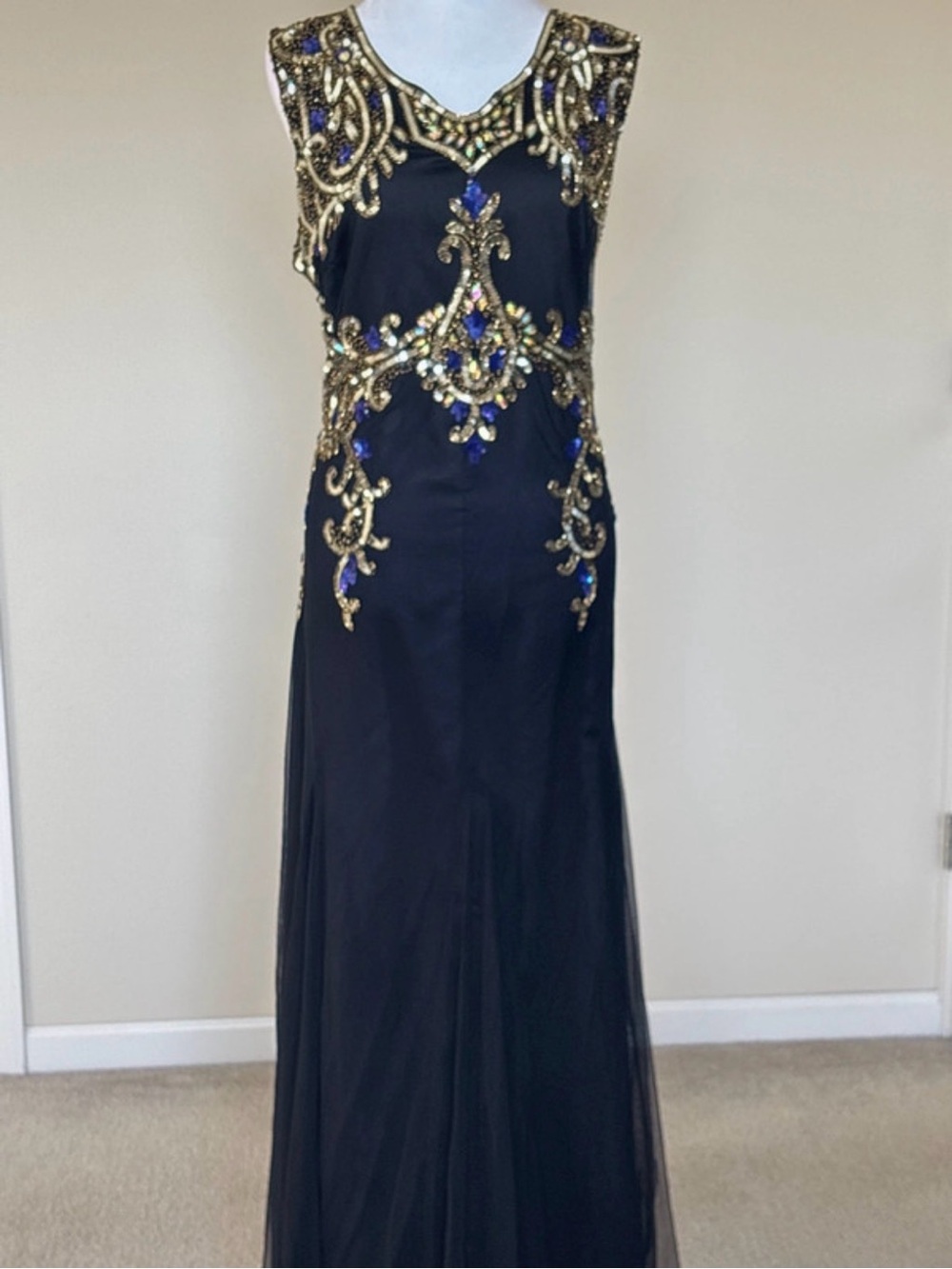 Midnight Velvet Black Evening Gown with Gold and Blue Embellishment